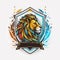 Vector graphics illustration of a lion and colorful shield in logo style