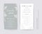 Vector gray and white tropical wedding ceremony and party program card set. Editable palm leaves, foliage decorative border, frame