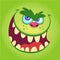 Vector green funny troll or goblin face. Cartoon monster smiling face with big eyes and mouth