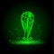 Vector green neon soccer cup on a black background. Soccer polygonal trophy.