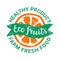 Vector green orange sticker. Vintage shabby texture. Eco fruits handdrawn lettering. Vegetarian,vegan,nature,detox,plant-based