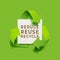 Vector green recycling symbol with paper banner and text reduce reuse recycle for eco aware design