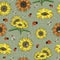 Vector Green, Sunflowers, Bees and Lady Beetles Seamless pattern background