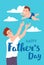 Vector greeting card Happy Father's Day. A young father throws a child into the clouds, plays with a newborn. Vector