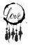 Vector greeting card. Monochrome dream catcher with feathers and inscription LOVE on a white background. Universal love postal.