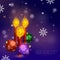 Vector greeting card for New Year. Three candles with the flame in the form of fiery rooster and three Christmas ball on a