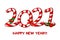 Vector greeting card or poster of Happy New Year 2021 with candy.