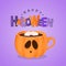 Vector greeting card with pumpkin coffee cup and lettering. Happy Halloween