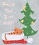 Vector greeting new years card with cute cartoon tiger sleeping in Santa Claus hat with sweet dreams near fir tree on snowy