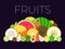 Vector of Group with different sorts of fruits with sliced halfs on dark background