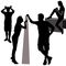 Vector group of four silhouettes. A girl sits writing with a pen on a piece of paper. Silhouettes of a girl and a guy - figuring
