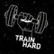 Vector grunge illustration of hand with dumbbell and motivational phrase `Train hard`