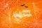 Vector Halloween background with cobweb. Happy Halloween hand drawn lettering with white webs and spiders. Banner, flyer