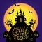 Vector Halloween card, poster, illustration. Trick or treat lettering. Scary castle silhouette on big moon, trees