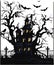 vector halloween castle landscape. black castle sillhouette. castle sillhouette with birds and trees with cross vector