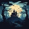 vector halloween castle landscape. black castle sillhouette. castle sillhouette with birds and trees vector illustration