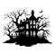 vector halloween castle landscape. black castle sillhouette. castle sillhouette with birds and trees vector illustration