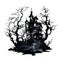 vector halloween castle landscape. black castle sillhouette. castle sillhouette with birds and trees vector illustration