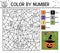 Vector Halloween color by number activity with cute pumpkin lantern in wizard hat. Autumn holiday coloring and counting game.