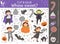 Vector Halloween cut and glue activity. Autumn educational crafting game with cute children in scary costumes and trick or treat