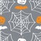 Vector Halloween decent elegant pattern, white and oragne pumkins and bat on grey background. White spiderwebs.