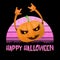 vector Halloween funky rock n roll style cartoon carved pumpkin character isolated on sunset background. Happy halloween