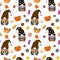 Vector Halloween gnomes with candies, bowl, pumpkin bucket seamless pattern