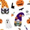 Vector Halloween gnomes, scary cartoon elements seamless pattern