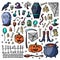 Vector Halloween hand drawn doodle objects set with scythe, witch shoes, spider web, iron fence and potions with coffin and