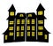 Vector Halloween Haunted House glyph illustration for Halloween. Black groovy Halloween house with yellowe light in the windows