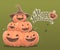 Vector halloween illustration of pile of decorative orange pumpkins with eyes, smiles, spiders, web and text happy halloween.