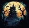 vector halloween landscape in cemetry. black scary trees around castle. frightining halloween castle vector illustration