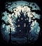 vector halloween landscape in cemetry. black scary trees around castle. frightining halloween castle vector illustration