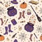 Vector Halloween pattern with hand drawn pumpkin, cauldron, spider web, potions, magic books, witchâ€™s broom, hat, socks and boo