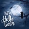 Vector halloween poster with hand lettering greetings label - happy halloween - on night sky with full moon and clouds