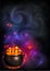 Vector Halloween poster with orange bubbling witch brew in black pot on dark violet smoke and magic lights background