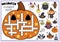 Vector Halloween pumpkin shaped crossword puzzle for kids. Autumn holiday quiz for children. Educational activity with kawaii