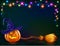 Vector Halloween pumpkin and witchs broom on dark background with lamps garland