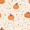 Vector Halloween repeat pattern with pumpkins, ghosts with scary faces, bones, skulls and candy corn in sketch style.