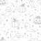 Vector Halloween seamless pattern with pumpkins, ghosts with scary faces, bones, skulls and candy corn outline in sketch style. Ha