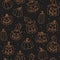 Vector Halloween seamless pattern with smiling pumpkins and witch hats orange outline on the black background