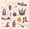 Vector Halloween set with pumpkins, ghosts, vampire, witch, hat, broom, cauldron, house, bats, bones, skulls and candy corn