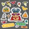 Vector halloween sticker icons set with dracula, witch hat, scary pumpkin, bat , skull, happy halloween text, demon and