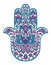 Vector hamsa hand drawn symbol with ethnic floral ornaments in Pink and Blue colors.