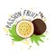 Vector hand draw colored passion fruit illustration. Brown yellow passion fruit with pulp, fruits bones and green leaves