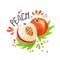 Vector hand draw colored peach illustration. Orange peach with pulp and fruit bone and green leaves. Fresh tropical