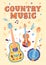 Vector hand draw illustration with guitar, violin and banjo. Bright banner for country music. Country Cowboy Live Music