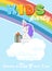 Vector hand drawn cartoon kids party invitation. Unicorn on clouds holding present