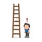 Vector hand-drawn cartoon of man looking wooden ladder with excl