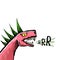 Vector hand drawn cartoon roaring dino head isolated on white background. Pink Dino punk rock star character with green